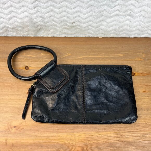 HOBO the Original Sable Wristlet Clutch Black Glazed Leather with Wrist Bangle - Picture 1 of 8